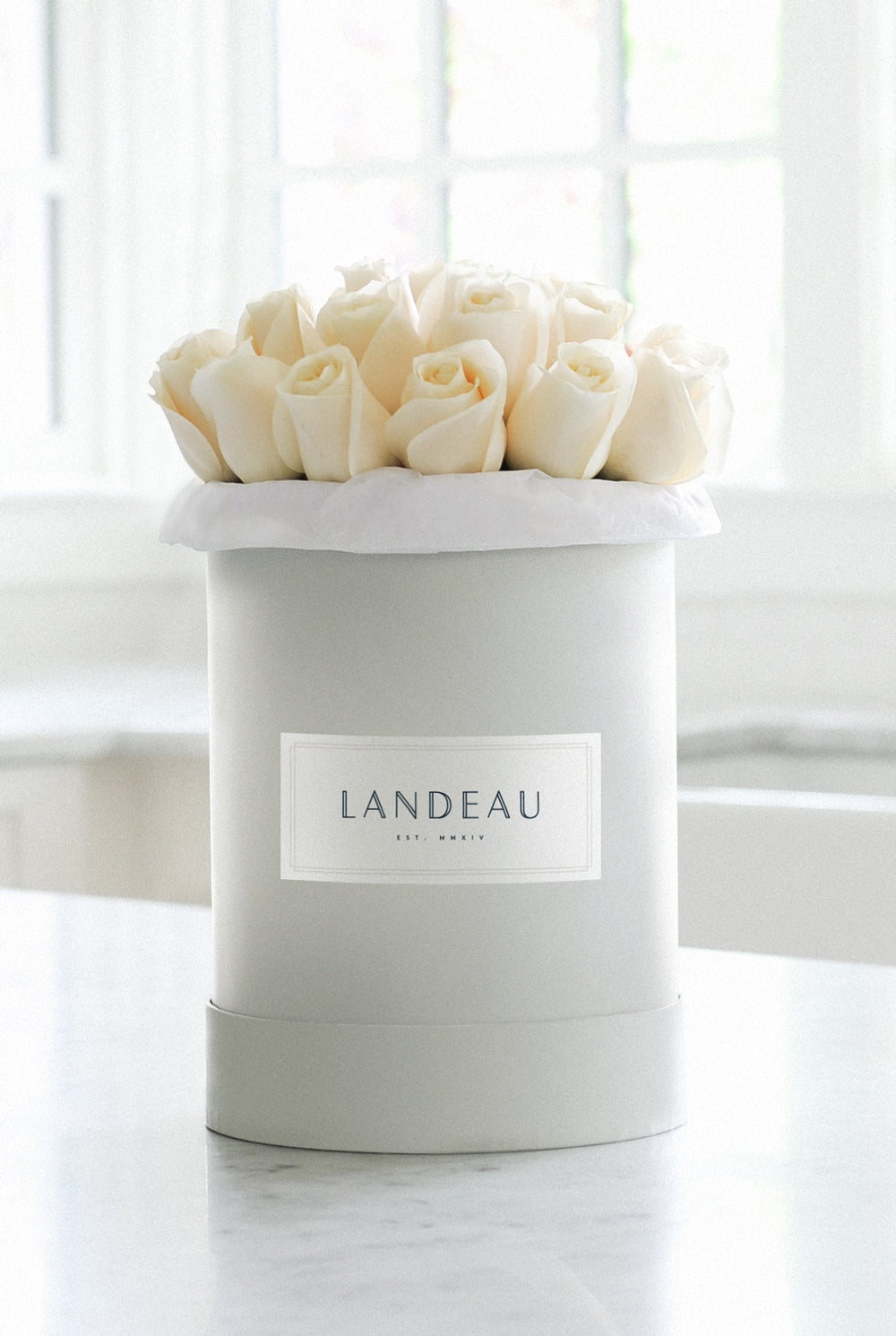 Sophisticated white roses arranged in a chic box